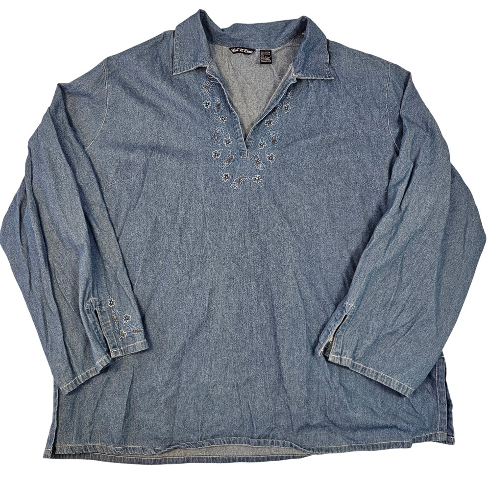 Club Z Denim Womens 3X Blue Cotton Embroidered SplitNeck PulloverTop Long Sleeve